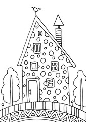 Gingerbread house with polka dot coloring page. Hand drawing coloring book for children and adults. Beautiful drawings with patterns and small details. One of a series of painted pictures.