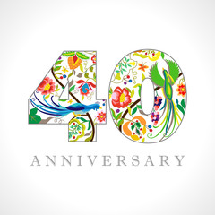 40 years old logotype. 40 th anniversary numbers. Decorative symbol. Age congrats with peacock birds. Isolated abstract graphic design template. Royal colorful digits. Up to 40% percent off discount.
