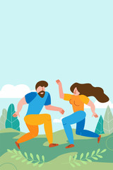 Loving couple dancing on a background of green summer landscape. Cope space is free for invitation text to a dance, party or Valentine's Day celebration. Vector illustration flat style