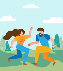 A happy couple has fun together and dances against the backdrop of the landscape. A man and a girl swing dancing and invite to a dance, party or celebration of Valentine Day. Vector illustration