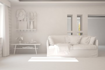 Mock up of stylish room in white color with sofa. Scandinavian interior design. 3D illustration