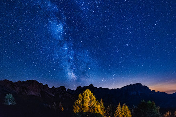 Mount Lussari. Clear and starry sky. Our galaxy. Milky Way. Italy