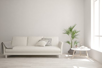 Stylish room in white color with sofa. Scandinavian interior design. 3D illustration