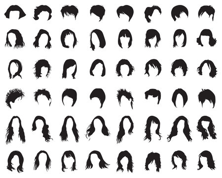 Black silhouettes of female hairstyles on a white background