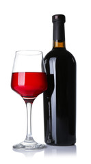 Glass and bottle of wine on white background