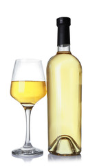 Glass and bottle of wine on white background