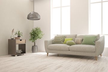 Stylish room in white color with sofa. Scandinavian interior design. 3D illustration