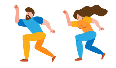 Fototapeta na wymiar Joyful and happy dance in a flat style. A pair of people characters spend time together. Couple moves one way andcelebrates valentines day festival on white background isolated
