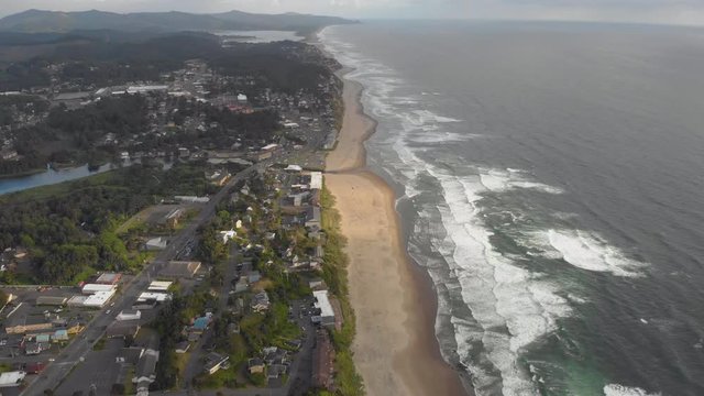 Aerial view of a small beach city on the coast of Oregon in the United States
