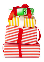 Fototapeta na wymiar Colorful stacked gift boxes isolated on white background