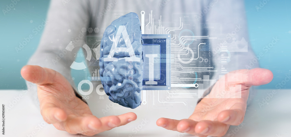 Poster business man holding artificial intelligence icon with half brain and half circuit 3d rendering