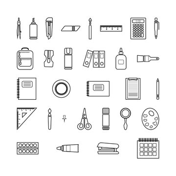 Stationery set of icons. Linear black and white vector isolated illustration.