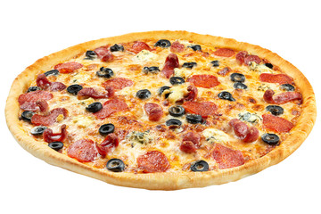 Pizza with cheese, salami and olives at an angle of 45 degrees isolated on a white background. Clipping path. Food photo for menu