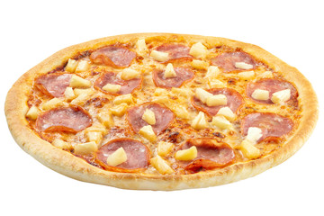 Pizza with cheese, salami and pineapple at an angle of 45 degrees isolated on a white background. Clipping path. Food photo for menu