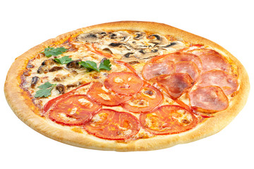 Pizza with cheese, salami tomato and mushroom at an angle of 45 degrees isolated on a white background. Clipping path. Food photo for menu