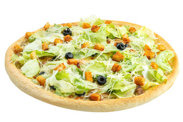 Pizza with lettuce, chicken, olive at an angle of 45 degrees isolated on a white background. Clipping path. Food photo for menu