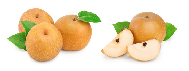 Fresh asian pear with leaf isolated on white background