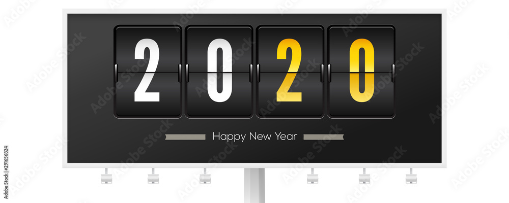 Poster billboard with greetings of christmas or new year 2020. analog countdown timer. mechanical flip cloc