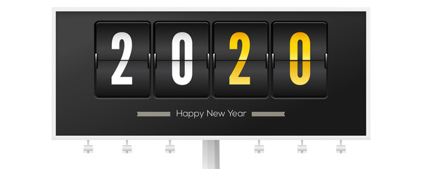 Billboard with greetings of Christmas or New Year 2020. Analog countdown timer. Mechanical flip clock on black background. New Year counter for greeting card. Vector 3d illustration © eriksvoboda