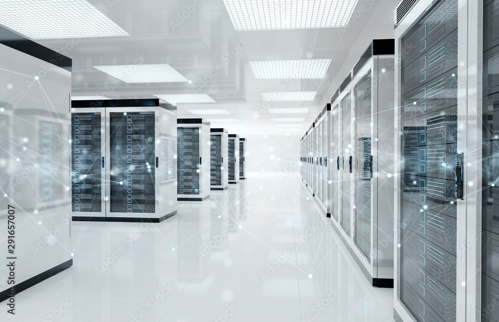Fototapete Connection network in servers data center room storage systems 3D rendering