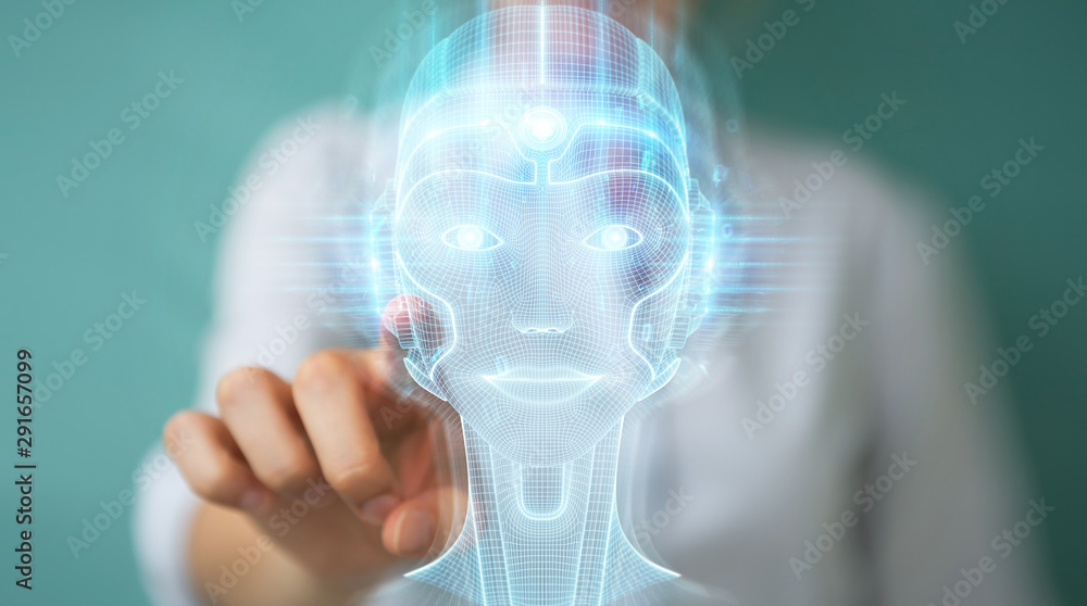 Poster woman using digital artificial intelligence head interface 3d rendering