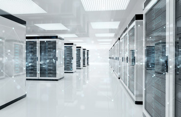 Connection network in servers data center room storage systems 3D rendering