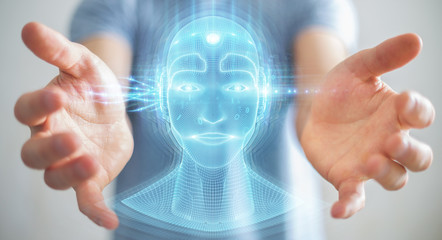 Businessman using digital artificial intelligence head interface 3D rendering
