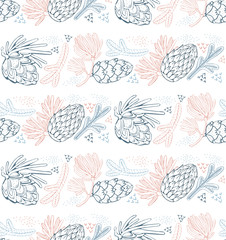 Seamless vector pattern with pine, conifer, cedar cones and branches.Hand drawn vector illustration on white background with graphical elements, strokes, points.Vintage style. Christmas gift wrapping.