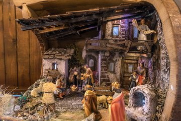 Obraz premium Traditional nativity scene at the Baden-Baden Christmas market, Baden-Baden, Baden-Wuerttemberg, Germany, Europe
