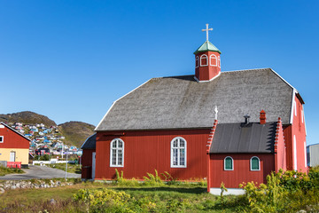 The Frelserens Kirke church built in 1832, also known as Our Saviour. Qaqortoq - Julianehab,...