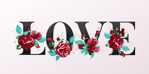 Love alphabet decoration with roses watercolor 