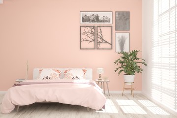Stylish bedroom in coral color. Scandinavian interior design. 3D illustration