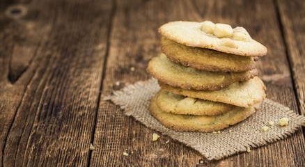 Macadamia Cookies (fresh) as detailed close-up shot, selective focus)
