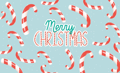 Cute Merry Christmas card with red candy cane. Editable Vector Illustration.