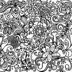 Decorative hand drawn floral black and white background. Vector Illustration.