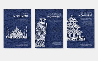 set of art ornamental travel and architecture on ethnic floral style flyers. Vector decorative banner of card or invitation design. Historical monuments of France, England, Italy, USA, Germany, Mexico