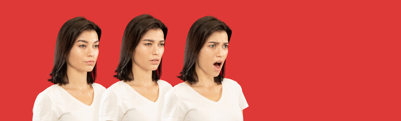 Caucasian young woman's close up portrait on red studio background. Concept of human emotions, facial expression, sales. Looks calm, wondered and astonished. Flyer for your ad. Progress of emotions.