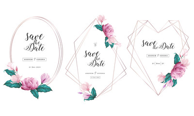 Wedding invitation card template with rose gold geometric frame and floral watercolor decoration.