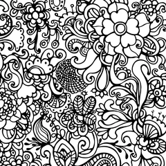 Gordijnen Decorative hand drawn floral black and white background. Vector Illustration. © dzha
