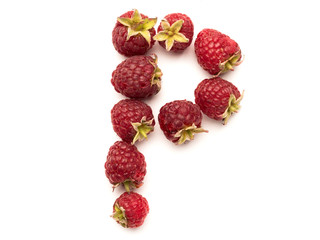 Isolated alphabet letter lined with fresh raspberries