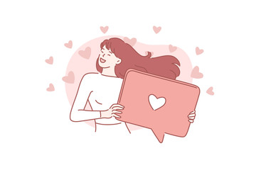 Social networking, promotion, smm concept. Young happy excited woman or girl holding a speech bubble. Sweet lady in a great mood puts a big like. Romantic dreamy. Advertising content. Simple flat