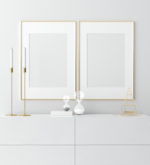 Mock up golden frame in white interior with simple modern decor, Scandinavian style, 3d render