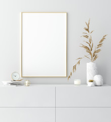 Mock up golden frame in white interior with simple modern decor, Scandinavian style, 3d render