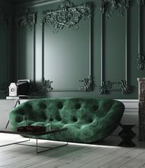 Home interior mock-up with green sofa in living room, 3d render