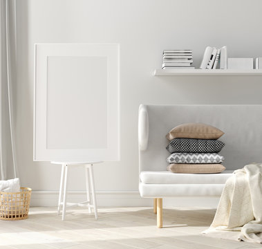 Mock up poster frame in home interior, Scandinavian style, 3d render