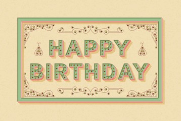 Happy birthday background template with retro stylized typography. 3d font with colored buttons, ornate swirls frames and borders. Vector illustration