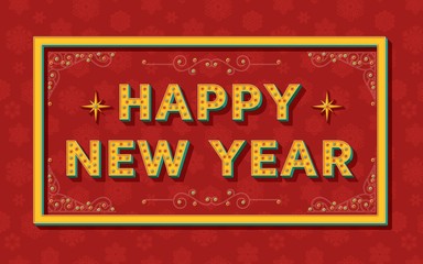 Happy New Year background template with retro stylized typography. 3d font with colored buttons, ornate swirls frames and borders. Vector illustration.