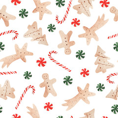 Naklejka premium Seamless pattern with watercolor cookie and candies. Hand drawn illustration isolated on white background. Template is perfect for christmas and vintage design, wrapping, wallpaper.