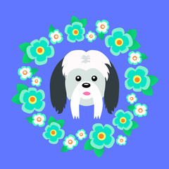 Vector illustration of Lhasa Apso dog in a floral wreath on a blue background