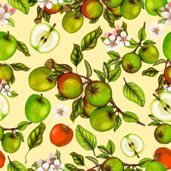 Seamless botanical pattern of hand drawn apples,Apple pattern,Food background,Fruit seamless pattern